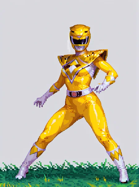 pixel art, yellow bodysuit, white gloves, yellow power ranger, yellow ranger helmet, 1girl, solo, medium breasts, tokusatsu, mighty morphin power rangers, dragon shield, golden armor, full body, dynamic pose, simple background, grass terrain
<lora:Yellow_Ranger:0.8> <lora:pixelbuildings128-v2:0.8>