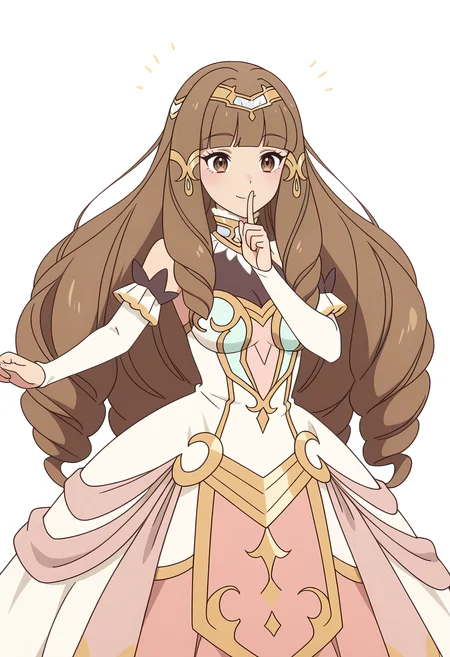 Smooth Quality,masterpiece,very intricate, high quality details, ultra realistic, high detailed skin,detailed enviorement,
white background, simple background,
front view,^o^,shushing,jumping pose, arms spread wide, legs bent mid-air, joyful expression, dynamic energy, ,
<lora:Klyrode_Elizabeth_Cinabrio:0.8> klyrodeelizabeth/cnn, 1girl,brown hair, long hair,brown eyes, blunt bangs, very long hair,
drill hair, princessdress/cnn, tiara,jewelry,hair ornament,