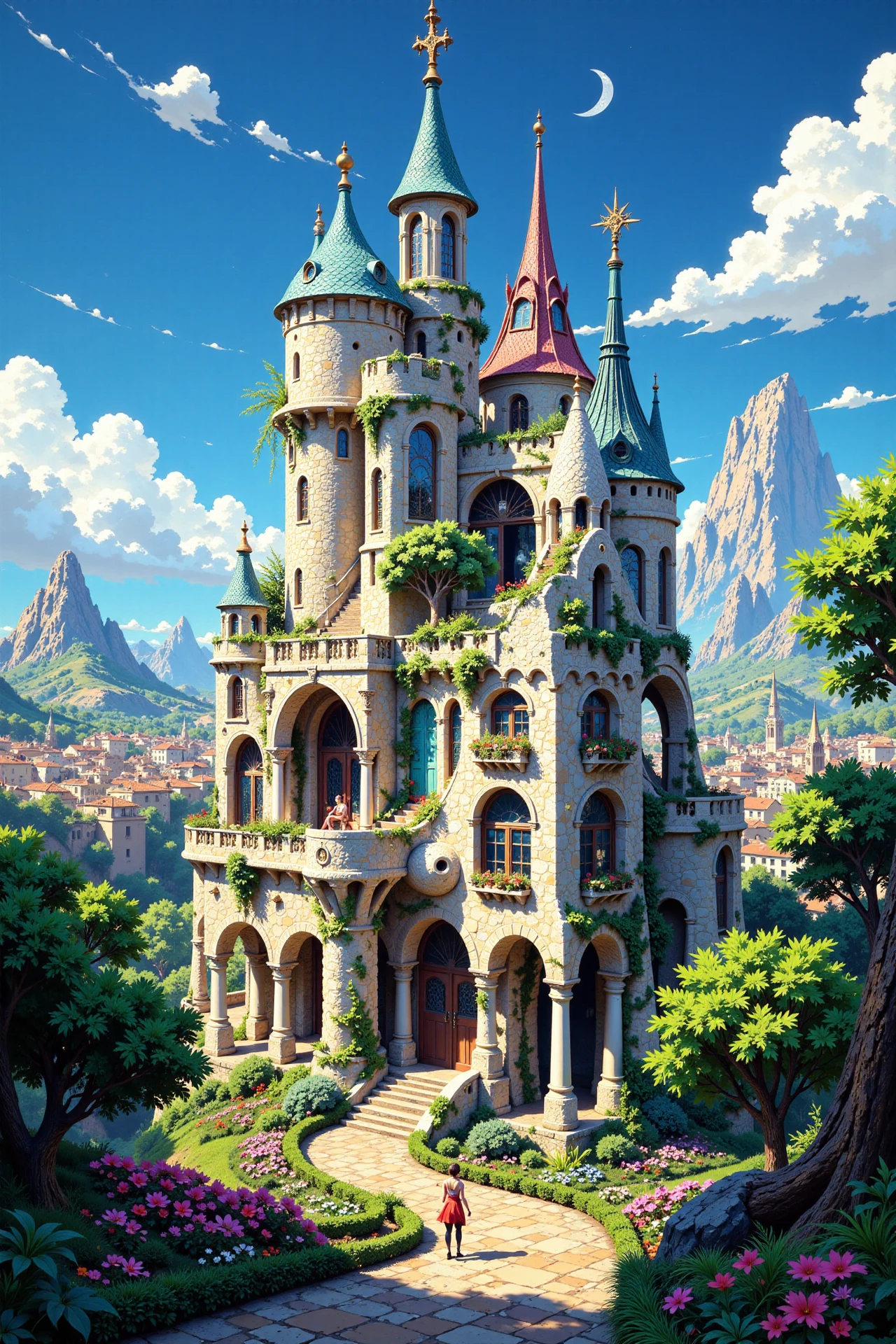 A modernist architecture by Gaudi in Spain beautiful anime landscape, noon, woman, very intricate, very detailed, sharp, bright, colorful, <lora:Hand v2:0.5> <lora:Anti-Blur:1><lora:Insane Detail Slider:0.25>  <lora:flux.1_lora_flyway_Epic-detail_v2:0.3> <lora:fluxenhancer:0.25> <lora:ROWER:0.6> <lora:flux-charmer-v1-1:0.4> <lora:Colorful_Fantasy_Art_for_FLUX:1> fantasy art