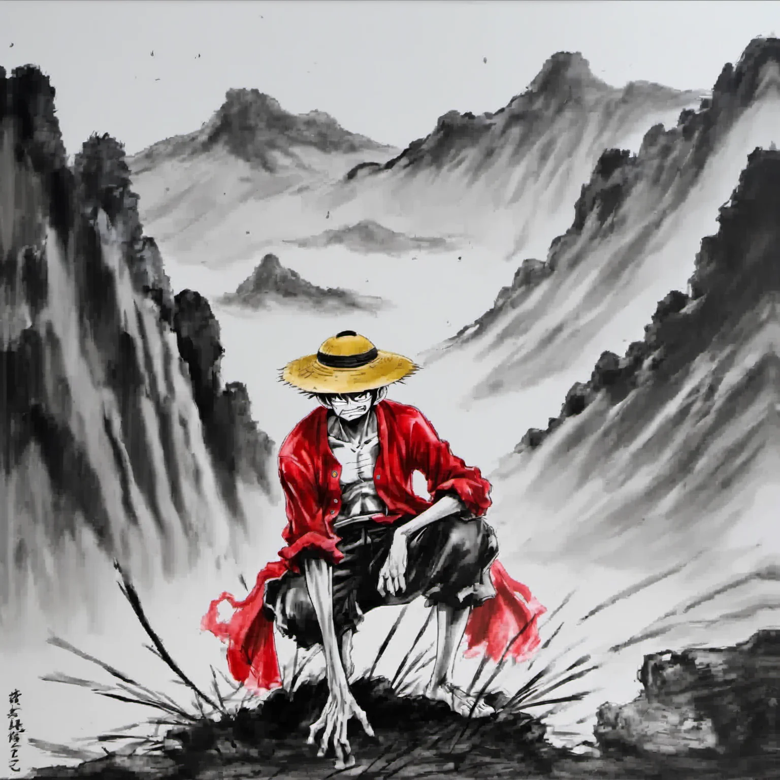 <lora:ink_xiakexing_xl_v1:0.8>,tree,mountains,
ink painting,a drawing of luffy crouched with his hand holding onto the straw hat,angry,front view,red coat,yellow straw hat,