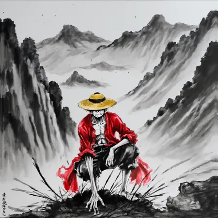 <lora:ink_xiakexing_xl_v1:0.8>,tree,mountains,
ink painting,a drawing of luffy crouched with his hand holding onto the straw hat,angry,front view,red coat,yellow straw hat,