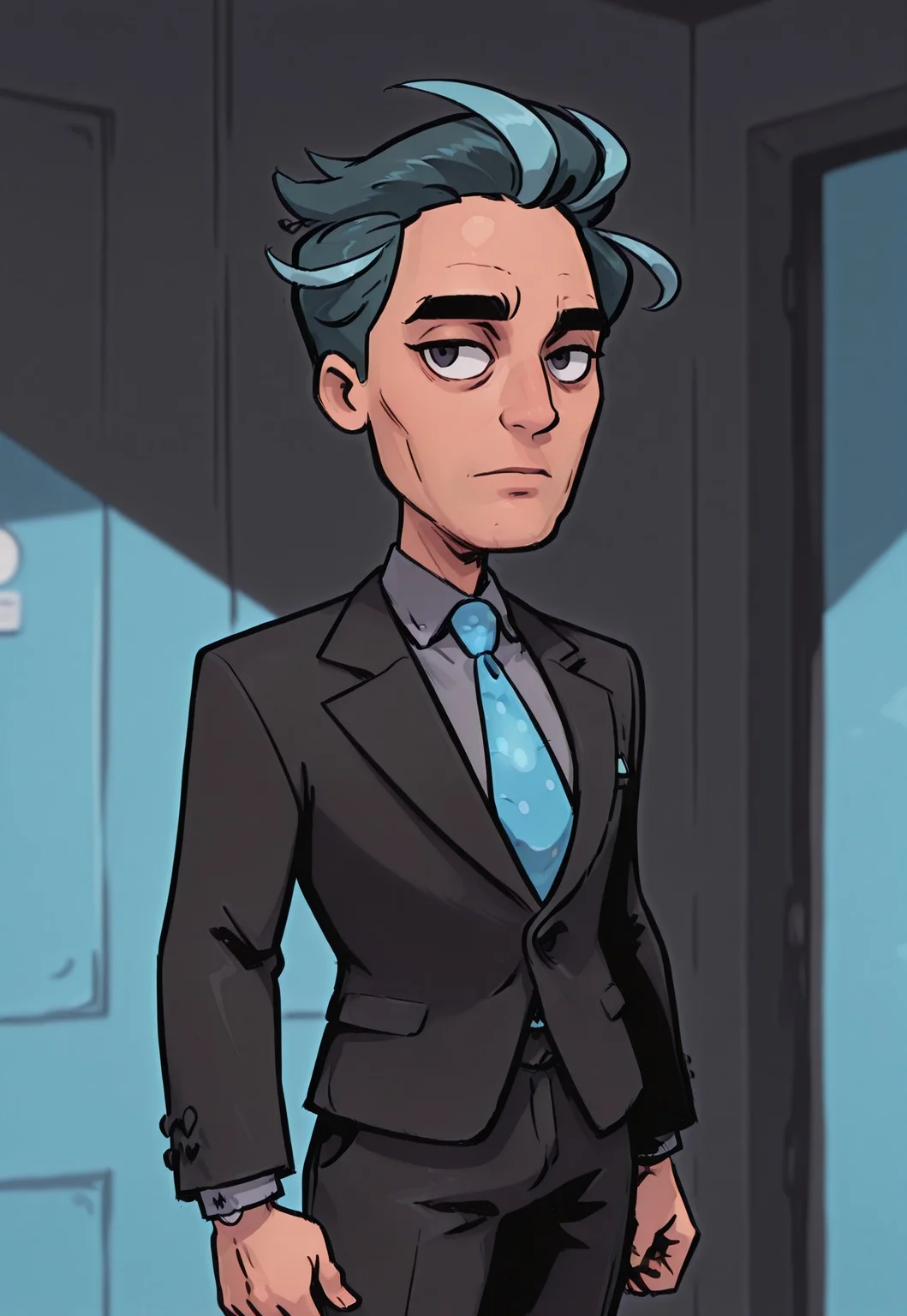 1boy, larry \(pokemon\), pokemon, no eyewear, black suit, buttons, closed suit, black pants, grey shirt, blue necktie, 