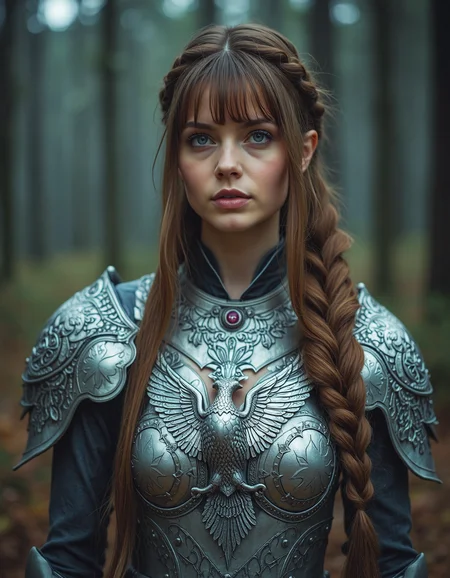photography, detailed, fantasy background, showing a forest, Forground: A woman, 40 years old, (wrinkles:0.75), wearing filigree mage armor outfit depicting a silver eagle, european, long hair with front bangs, side bangs, and a long braided ponytail