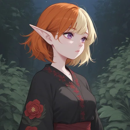 score_9, score_8_up, score_7_up, extremely detailed, 1girl, elf, pale skin, cute face, violet eyes, medium length hair, two-tone hair, blonde hair, ginger hair, medium breasts, wearing a loose black kimono with red trim and red floral pattern, standing in a forest, night, moonlight