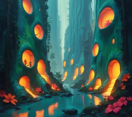 score_9, score_8_up, score_7_up, score_6_up, futuristic neon jungle filled with glowing plants, cybernetic animals, and a misty, atmospheric glow, highly detailed, vivid <lora:ponys-dream:.9>