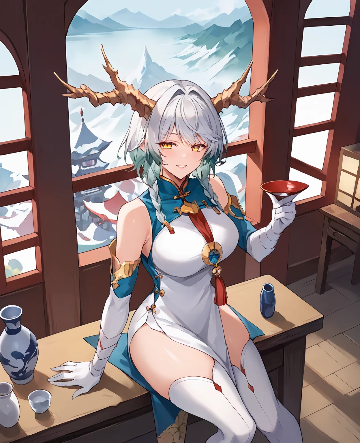 score_9,score_8_up,score_7_up,source_anime,rating_safe BREAK masterpiece,highres,best quality,high quality,dramatic angle,cinematic lighting,1girl,<lora:ShadowverseSilong_Pony_V2:0.86>,white hair,braids,gradient hair,horns,yellow eyes,half-closed eyes,white china dress,gold trim,tassel,elbow gloves,bare shoulders,thighhighs,sitting,wooden furniture,window,mountains in distance,traditional chinese architecture,depth of field,smile,thick thighs,table,sakezuki,sake bottle,chair,across table,from side,looking to the side,parted lips
