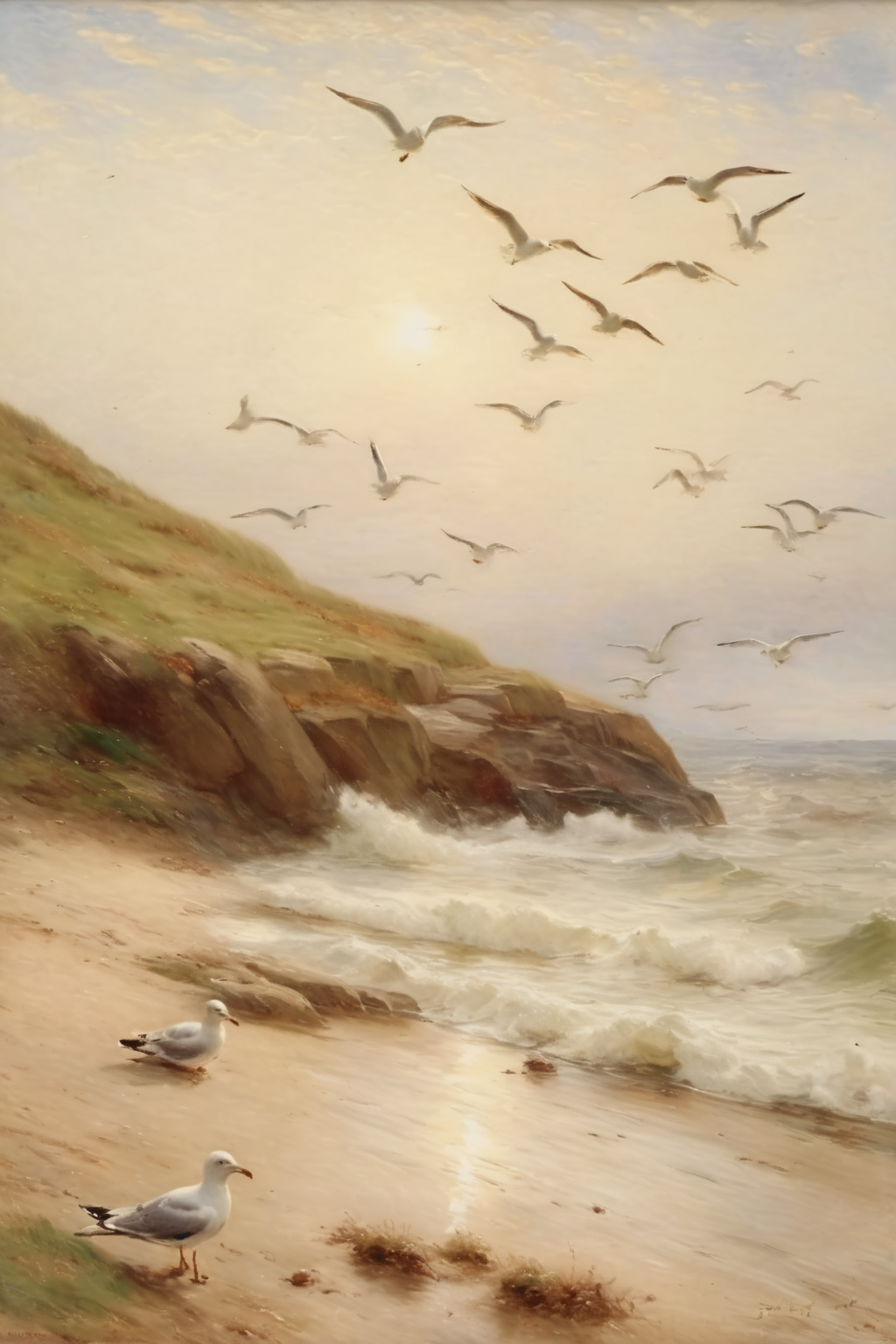 <lora:Alfred Augustus Glendening style:1>Alfred Augustus Glendening style - A tranquil beach scene with seagulls soaring overhead and gentle waves lapping at the shore.