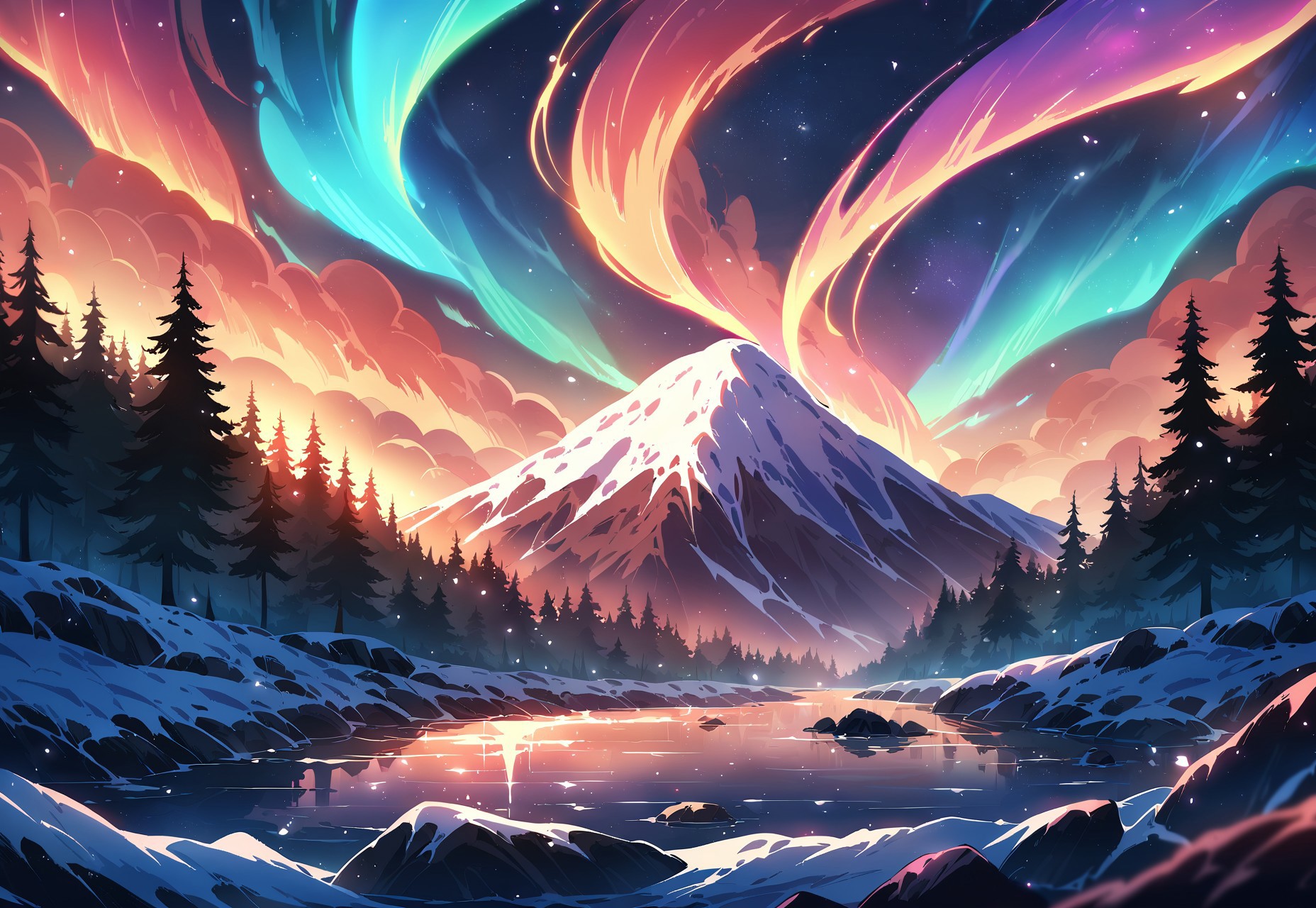 masterpiece, best quality, high quality, intricate, absurdres, very aesthetic, 
no humans, 
landscape, outdoors, nature, night,
mountain tops, snowy mountain, rocky mountains,
river, spring, sparkling water, mist, 
lava, magma stream, volcano in background,
trees, evergreen trees, windy, visible wing, wind lines, aurora,
ultra wide angle shot, cinematic style, highly detailed, majestic, shallow depth of field, movie still, hard light, circular polarizer, colorful, wallpaper, anime