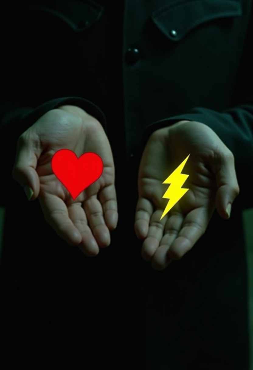 The image shows Morpheus from Matrix showing his palms facing upside down, each holding a symbol, the left hand holds a larger red heart symbol, while the right holds a larger yellow thunder symbol, the scene is set against a dark background, with dim lighting accentuating the contrast and texture of the hands and symbols,