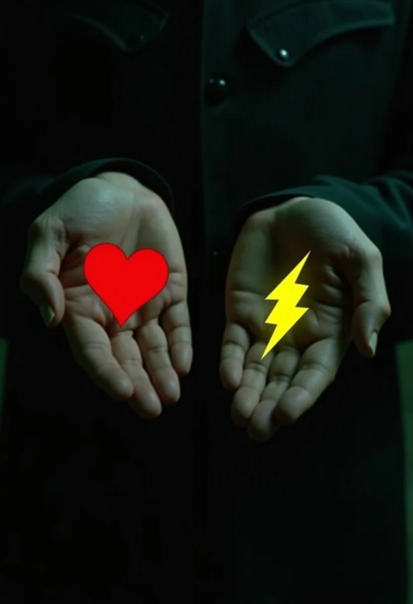 The image shows Morpheus from Matrix showing his palms facing upside down, each holding a symbol, the left hand holds a larger red heart symbol, while the right holds a larger yellow thunder symbol, the scene is set against a dark background, with dim lighting accentuating the contrast and texture of the hands and symbols,
