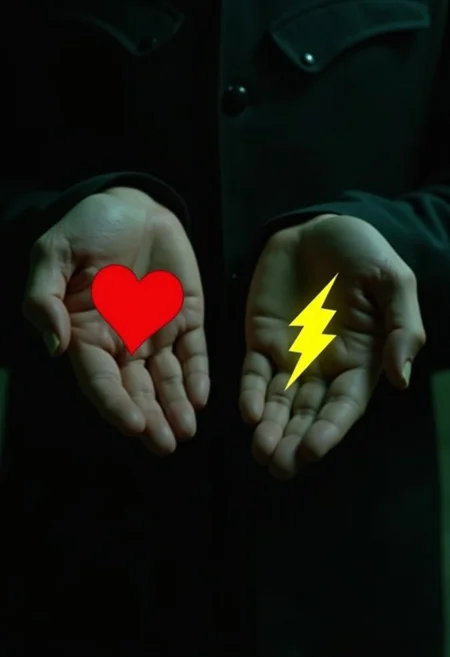 The image shows Morpheus from Matrix showing his palms facing upside down, each holding a symbol, the left hand holds a larger red heart symbol, while the right holds a larger yellow thunder symbol, the scene is set against a dark background, with dim lighting accentuating the contrast and texture of the hands and symbols,