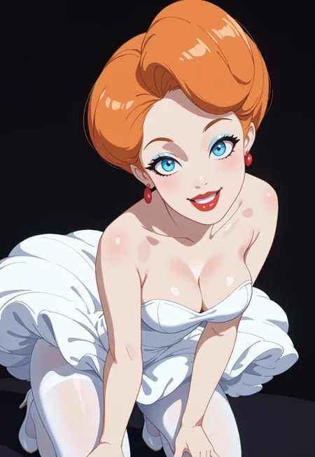 safe_pos, score_9, score_8_up, score_7_up, source_anime,hentai, anime, masterpiece,
RHRH, 1girl, solo, blue eyes, earrings, makeup, short hair, orange hair, lipstick, white dress cleavage, strapless, big tutu, white pantyhose, big thighs,
black background, rim lighting, smile open mouth, finger on lip, looking at viewer, black background, angle view kneeling pose, cleavage, aureola