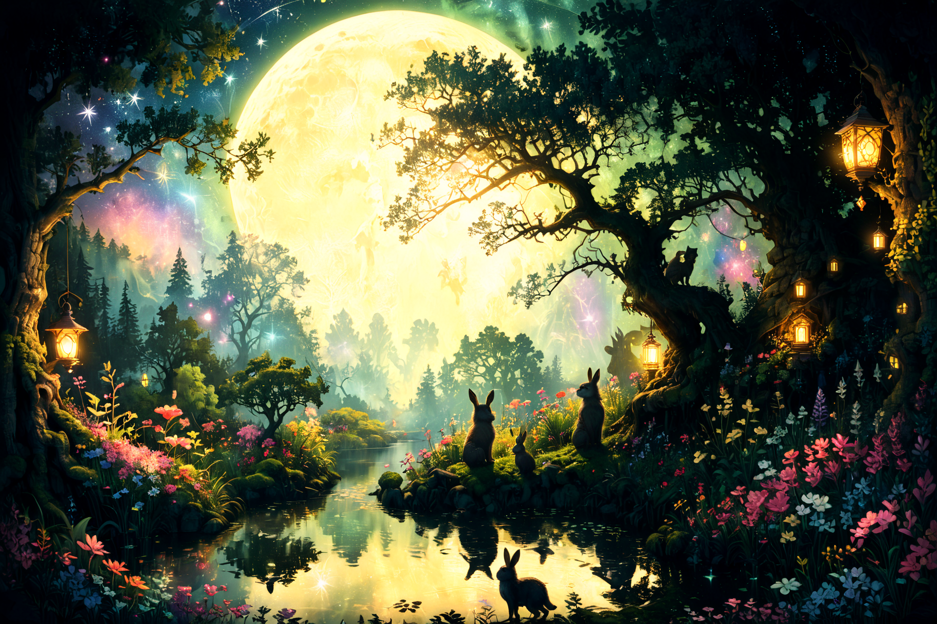 Imagine a serene and mystical forest clearing under a full moon's soft glow. In the heart of this enchanted landscape, a grand, ancient oak tree stands tall, its branches stretching wide and adorned with glowing lanterns, casting gentle light upon the surroundings. Beneath this majestic tree, a small, crystal-clear pond mirrors the moon and stars above, adding a magical sparkle to the scene. Surrounding the pond, a carpet of lush, green moss and delicate, colorful wildflowers create a vivid mosaic of life. In the foreground, a family of forest creatures, including a wise old owl perched on a branch, a curious fox peeking from behind the trees, and a pair of rabbits nestled in the grass, gather in peaceful harmony, enjoying the tranquility of the night. This tableau blends the natural beauty of the wild with a touch of fantasy, evoking a sense of wonder and enchantment <lora:Lost_In_Dreams:0.7> <lora:xl_more_art-full_v1:0.6>, (masterpiece:1.2), best quality, (hyperdetailed, highest detailed:1.2), high resolution textures