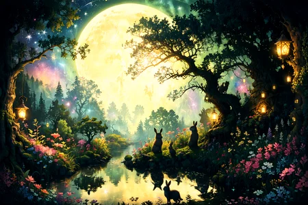 Imagine a serene and mystical forest clearing under a full moon's soft glow. In the heart of this enchanted landscape, a grand, ancient oak tree stands tall, its branches stretching wide and adorned with glowing lanterns, casting gentle light upon the surroundings. Beneath this majestic tree, a small, crystal-clear pond mirrors the moon and stars above, adding a magical sparkle to the scene. Surrounding the pond, a carpet of lush, green moss and delicate, colorful wildflowers create a vivid mosaic of life. In the foreground, a family of forest creatures, including a wise old owl perched on a branch, a curious fox peeking from behind the trees, and a pair of rabbits nestled in the grass, gather in peaceful harmony, enjoying the tranquility of the night. This tableau blends the natural beauty of the wild with a touch of fantasy, evoking a sense of wonder and enchantment <lora:Lost_In_Dreams:0.7> <lora:xl_more_art-full_v1:0.6>, (masterpiece:1.2), best quality, (hyperdetailed, highest detailed:1.2), high resolution textures
