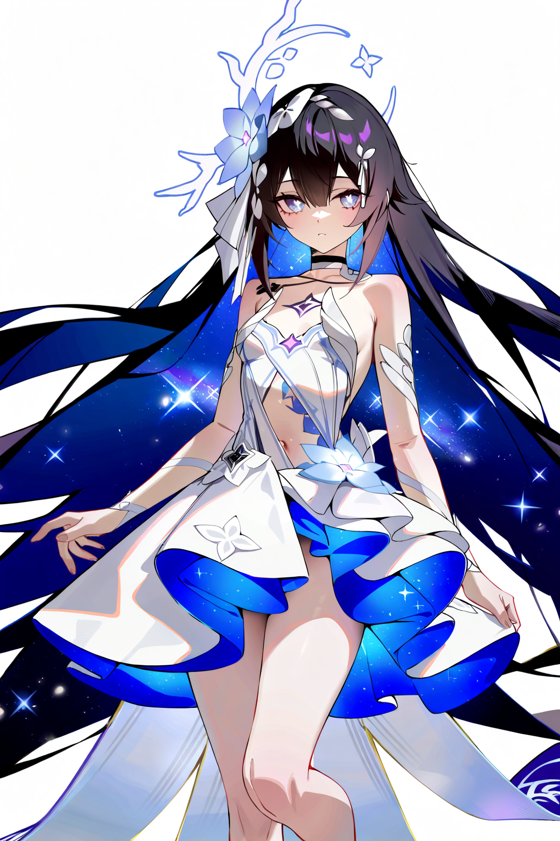 8k, best quality, masterpiece, (ultra-detailed), (high detailed skin), 
(wanke), (pigeon666), ((rei_(sanbonzakura)),konya_karasue,year 2023,((best quality)),((masterpiece)),((ultra-detailed)),(illustration),(detailed light),(an extremely delicate and beautiful), ((solo)),((cowboy shot)), (((a beautiful girl))),((small_breasts)),((looking at viewer)), (galaxy adorns colorful wings),(((starry_wings,galaxy_wings):1.5)),(Glowing line tattoos), (galaxy adorns colorful dress),(Glowing halo), (beautiful eyes),white hair, [(white background:1.7):white background:5], ((standding)),,,
<lora:xierssyy-noob-Tanger-000010:0.8>, xier, shengsi, first clothes, white dress, hair ornament, hair flower, 1girl, long hair, barefoot, very long hair, black hair, multicolored hair, breasts,