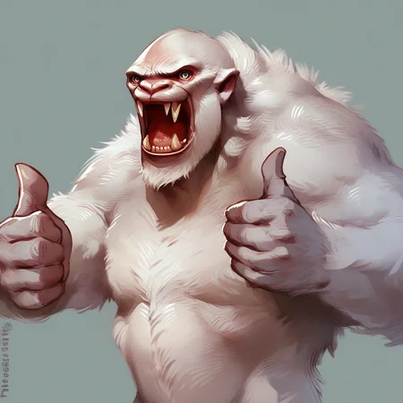score_7_up, score_8_up, 1boy, yeti, white fur, monster, fangs, gruff, thumbs up, upper body, simple background,