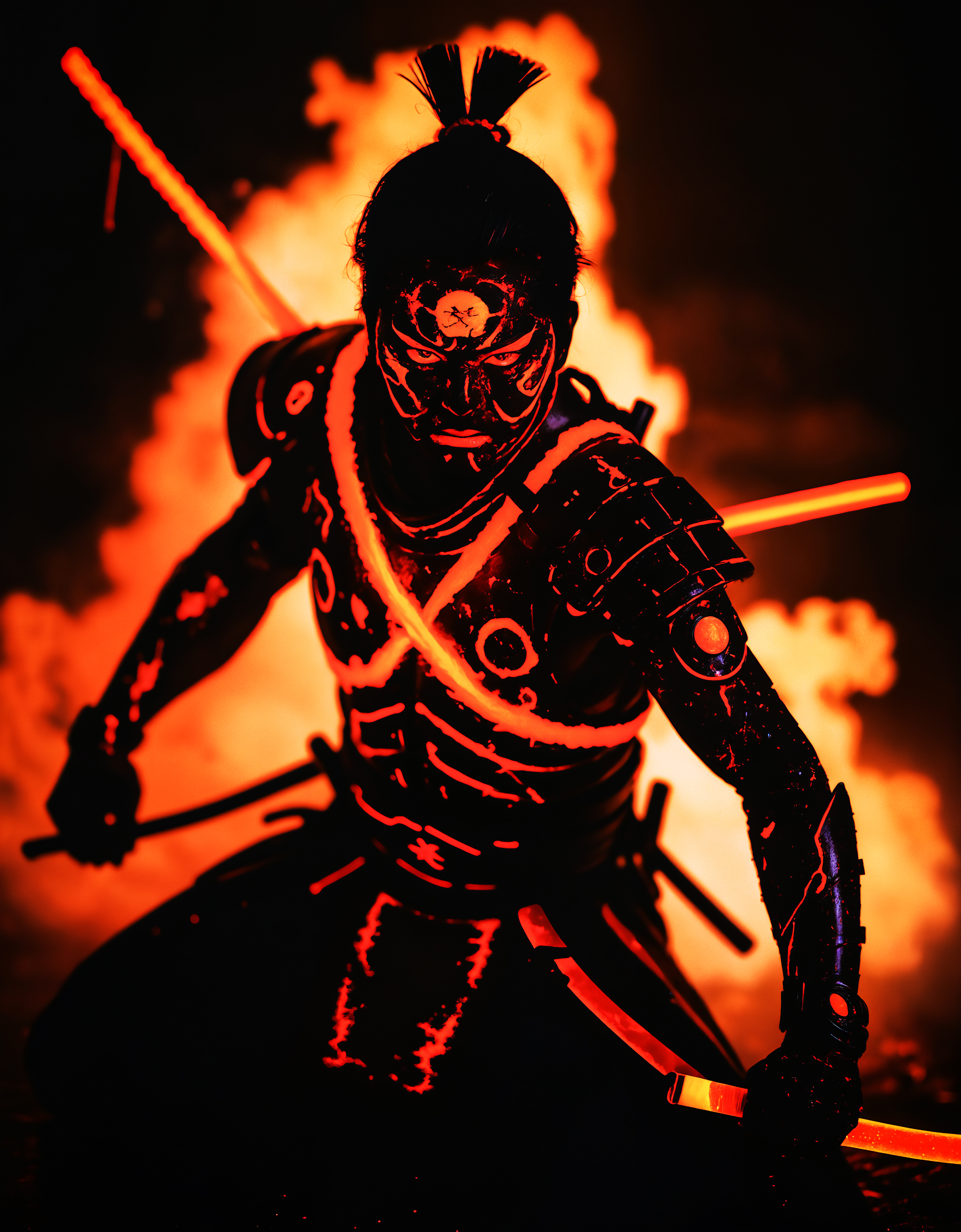 zavy-flrscnc, fluorescent, glowing dust, fluorescent dust, fluorescent spraypaint, fluorescent grain, dust, cinematic film still of a glowing samurai emitting sparks and electricity, dark red and orange, glowing eyes,