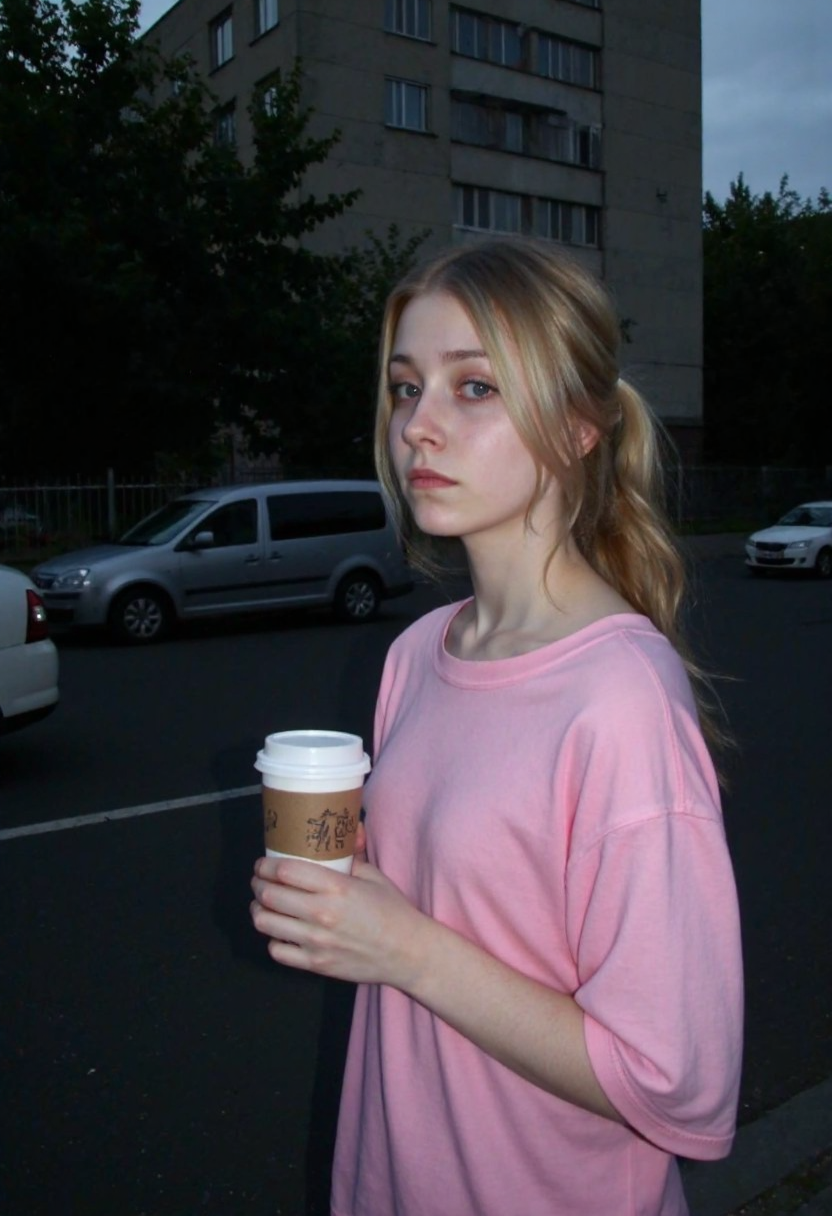 d1g1cam, amateur photo, low-lit, Low-resolution photo, shot on a mobile phone, nighttime, noticeable noise in dark areas. young woman, late 20s casually dressed in an oversized pink T-shirt, outdoors, her gaze directed to the side, sad expression, hold cup of coffee, her blonde hair loosely tied back. Her face partially shadowed, minimal makeup visible. she is standing on the street near soviet-era storey buildings, trees, parked cars near. Dull, overcast lighting