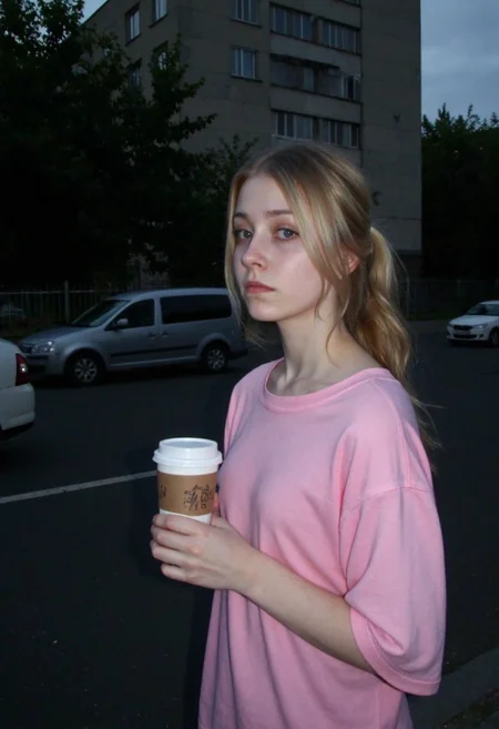 d1g1cam, amateur photo, low-lit, Low-resolution photo, shot on a mobile phone, nighttime, noticeable noise in dark areas. young woman, late 20s casually dressed in an oversized pink T-shirt, outdoors, her gaze directed to the side, sad expression, hold cup of coffee, her blonde hair loosely tied back. Her face partially shadowed, minimal makeup visible. she is standing on the street near soviet-era storey buildings, trees, parked cars near. Dull, overcast lighting