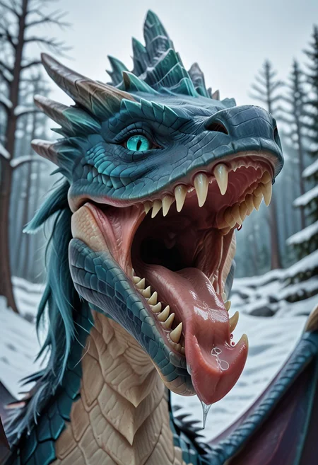 super realistic image ultra quality and super high resolution and sharp focus photorealistic style, Ultra-HD-details, nature, realistic teeth, Create a photorealistic image that shows a dragon, female, animal, winter_wyvern_dota2, no human, outdoors, open mouth, winter_wyvern_dota2 mouth, yawning, tongue out, side view, happy, digestion noises, sound effects, maw shot, throat, pretty pang, perfect tongue, perfect pangs, licking viewer, maw shot, extremely close up, oral vore invitation, swallowing viewer, wide open mouth, viewer's pov in the dragon's mouth, pov being swallowed,
mawshot, mouth close-up,