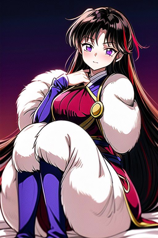 best quality 1girl Setsun4 solo long hair,  (night time) forest background black hair very long hair purple eyes multicolored hair armor, small, (fur trim) (medium body),<lora:EMS-179-EMS:0.800000>,<lora:EMS-293862-EMS:0.800000> bow, hair_bow, hair_tubes, red_bow, brown_hair, long_hair, bangs, ascot, frilled_bow, yellow_ascot, blush, smile, hair_between_eyes, athletic, armor, miko, ,(((intricate outfit,intricate clothes,embroidered outfit,ornate outfit,embroidered clothes,ornate clothes))), laying down, lying down
