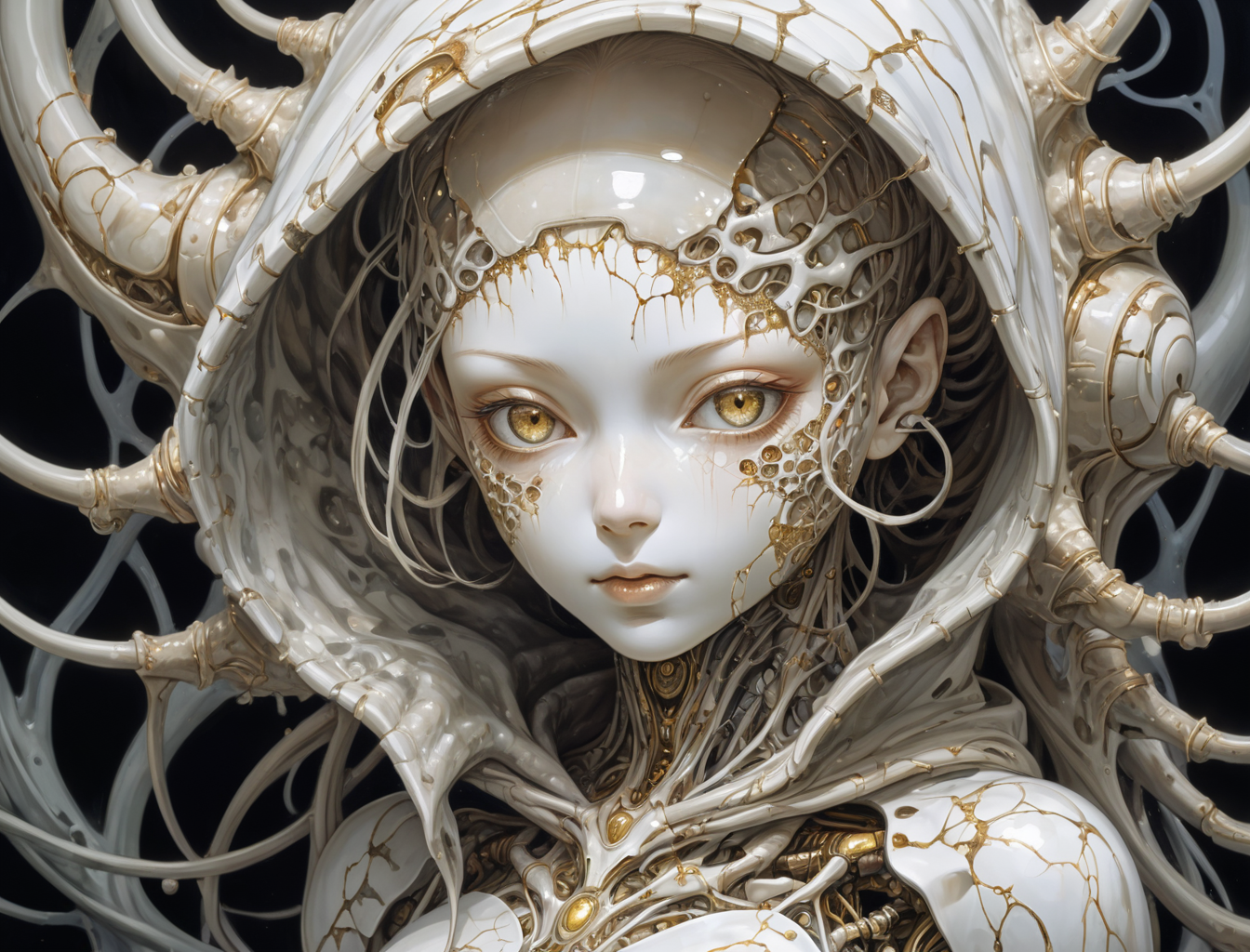 an image of fractal (creepy masterpiece anime artwork by Tsutomu Nihei, a [porcelain doll woman:beautiful porcelain woman:5], otherworldly beauty, kintsugi skin,  sensual gaze, a cute face, cracked porcelain, shiny reflective surface, hood, anime proportions, highres, 8k, by HR Giger, cybernetic robotic, strange but beautiful sci-fi, dystopian future,  otherworldly, wild and untamed, highly detailed, intricately detailed,) made of  labyrinthine  rock and pulsating blobby discs of    luminous with furry  pistils  of    chlorine, oak_brown and mist_gray ,artificial lighting,   highly detailed masterpiece, absurdres,