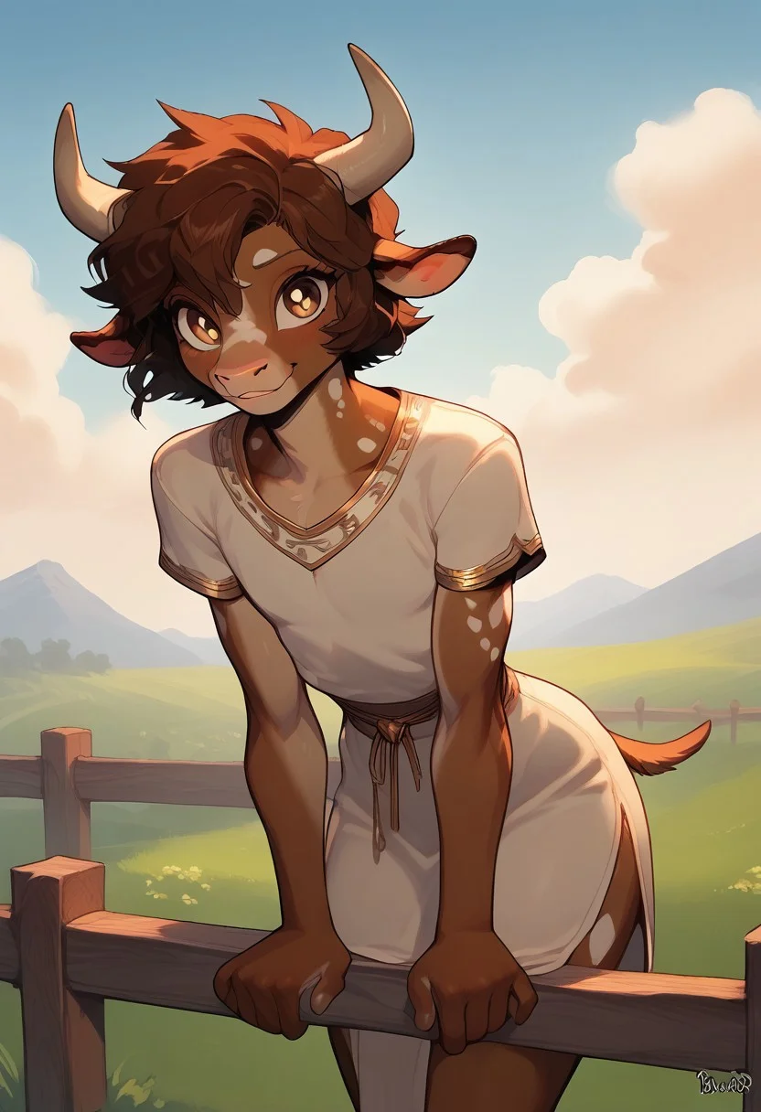(easynegative:0.2 ) 18yo anthro, furry, minotaur, petite, young, slender, thin, soft body, solo, happy face, subtle smile, wearing robes, toga robes, smile, white spots , dynamic pose, greek hairstyle, curly brown hair, 1 long braid hair style, light brown body, red hair, yellow field, sky, warm colors, light, cute,, bright colours, cute, dynamic views, anthro,Furry, solo femboy, girly, trap, cute, adorable, soft body, arms folded, leaning forward, resting on fence, 2/3rd side view, seductive, shy, perfect eyes , detailed eyes, eyelashes, Narrow waist, wide hips, thin hips, thin thighs, Blushing, Perfect curves, slim,skinny,cute , full body, bottom view, closed up, ,