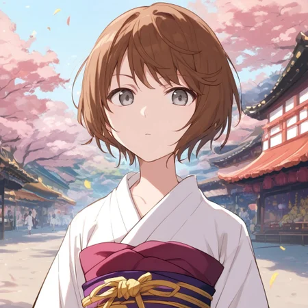 anime coloring, score_9, score_8_up, score_7_up, score_6_up, kinuhata saiai, toaru, 1girl, solo, brown hair, short hair, x3, kimono, obi, sash, at the amusement park, festival background, stalls, shinto, looking at viewer, gray eyes, white shirt, upper body
