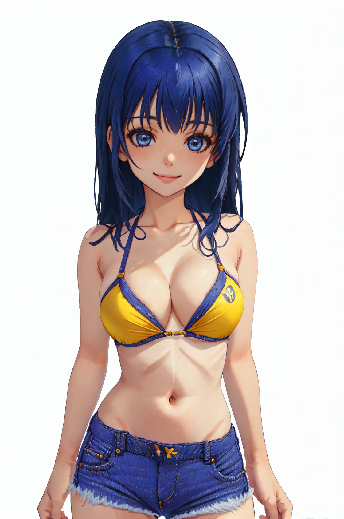 arinPangya, blue hair, blue eyes, long hair, bangs, large breasts, lips,
swimSet, yellow bikini top, sandals, denim shorts,
standing, 
1girl, solo, smile,
upper body,
looking at viewer,
((white background)),
<lora:arinPangyaV1.7:0.85>
