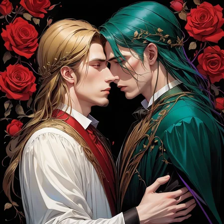 two men embrace, one with long hair, one with short hair, tragic romance, front to back, looking away from each other, sad, downturned faces, tears, gothic, tragic romance, gay, gorgeous, cinematic, intricate, Art Nouveau roses and vines border, broken hearts, sorrow, tears, broken, concept art, oil painting, vivid colors, red, black, green, brown, white, yellow, purple, teal,  <lora:add-detail-xl:1> intricate,