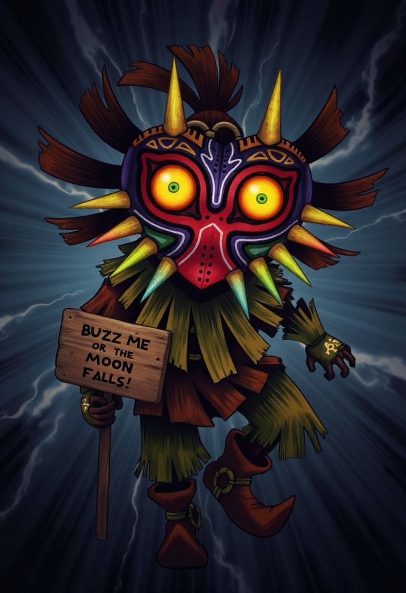 zzMajora, digital illustration, fusion of Majora’s Mask and a suit of armor, the mask is seamlessly integrated into the chest plate, with the glowing eyes staring forward, sharp horns extending from the shoulders, intricate red, gold, and blue patterns run across the metal, the armor emits a faint dark energy, mystical symbols glowing faintly, the arms and legs are wrapped in jagged armor plates resembling spikes, the armor radiates an aura of power and danger, dark stormy skies in the background, holding a sign that says, "Buzz me or the moon falls!"