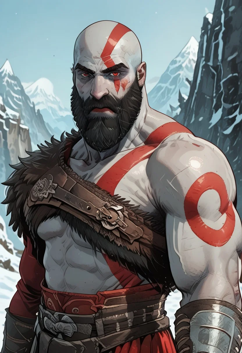 score_9, score_8_up, score_7_up, male focus BREAK, 1 boy, manly, masculine, muscular, muscular male, beard, long beard, bald, scar, grey skin, beard, Kratos
