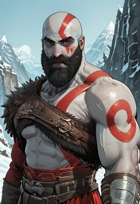 score_9, score_8_up, score_7_up, male focus BREAK, 1 boy, manly, masculine, muscular, muscular male, beard, long beard, bald, scar, grey skin, beard, Kratos