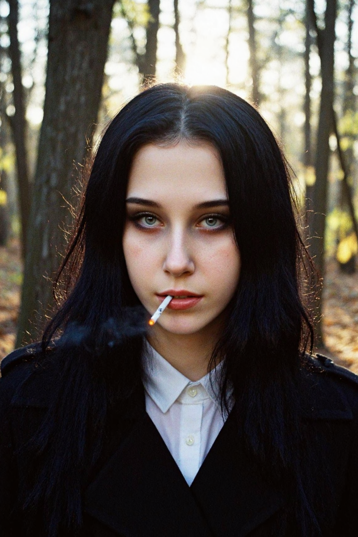 8n8log, danrisi, some lens flare from the sunlight in the background. Young woman, early 20s, casual style, wearing dark trench coat and white office shirt, long wavy black hair cascading over her shoulders, looking direct at the viewer, makeup, sad and tired expression, standing outdoors in the dark forest, autumn, lit cigarette with smoke between her lips, sunlight filtering through the trees. film photography aesthetic, film grain effect prominent throughout image, high contrast lighting creating dramatic shadows, grainy film-like texture
