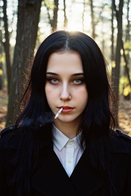 8n8log, danrisi, some lens flare from the sunlight in the background. Young woman, early 20s, casual style, wearing dark trench coat and white office shirt, long wavy black hair cascading over her shoulders, looking direct at the viewer, makeup, sad and tired expression, standing outdoors in the dark forest, autumn, lit cigarette with smoke between her lips, sunlight filtering through the trees. film photography aesthetic, film grain effect prominent throughout image, high contrast lighting creating dramatic shadows, grainy film-like texture