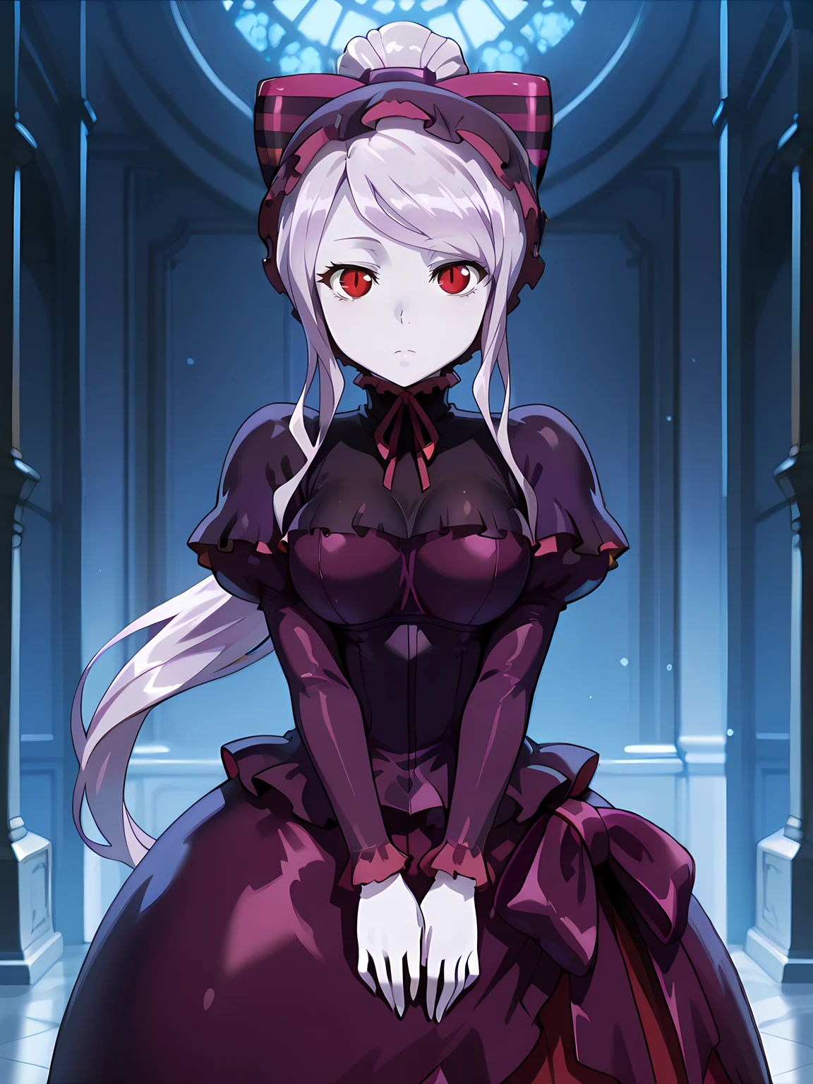 (masterpiece:1.2), best quality, high quality, cinematic shadow, character focus,perfect hands,medium breasts, cowboy shot, <lora:Detailer_NoobAI_Incrs_v1:1> detailed, <lora:shalltear:1>,shalltear, bangs,red eyes, slit pupils, long silver hair,ponytail,colored skin, pale skin, monster girl,vampire,shallteardress,pink striped purple hair bow,striped hair bow, bonnet,frills,frilled puffy sleeves,purple dress,goth fashion,neck ribbon,v arms, looking at viewer,