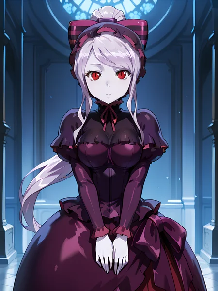 (masterpiece:1.2), best quality, high quality, cinematic shadow, character focus,perfect hands,medium breasts, cowboy shot, <lora:Detailer_NoobAI_Incrs_v1:1> detailed, <lora:shalltear:1>,shalltear, bangs,red eyes, slit pupils, long silver hair,ponytail,colored skin, pale skin, monster girl,vampire,shallteardress,pink striped purple hair bow,striped hair bow, bonnet,frills,frilled puffy sleeves,purple dress,goth fashion,neck ribbon,v arms, looking at viewer,