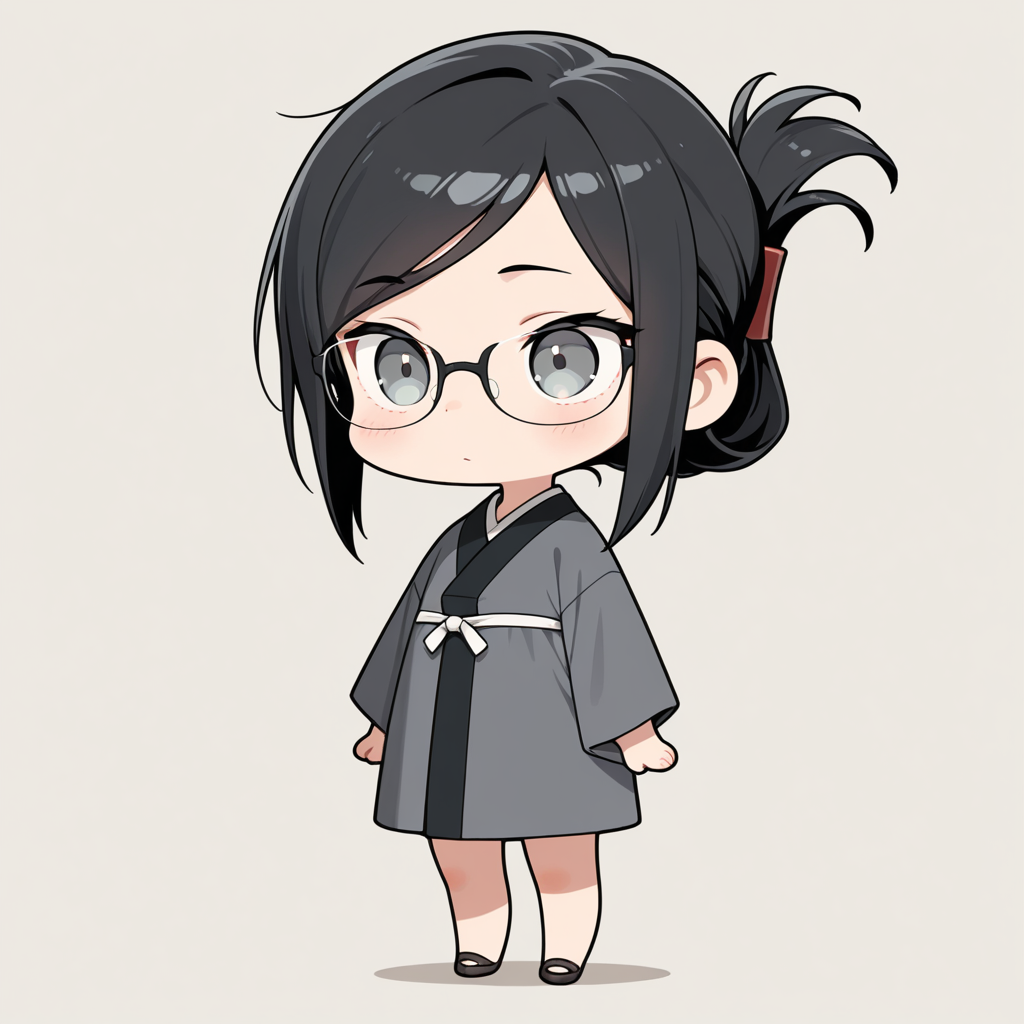 masterpiece,best quality,amazing quality, 1girl, whole body, chibi only, black hair, folded ponytail, swept bangs, glasses, gray eyes, simple background
