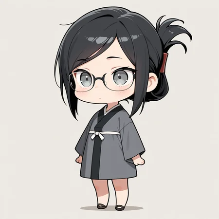 masterpiece,best quality,amazing quality, 1girl, whole body, chibi only, black hair, folded ponytail, swept bangs, glasses, gray eyes, simple background