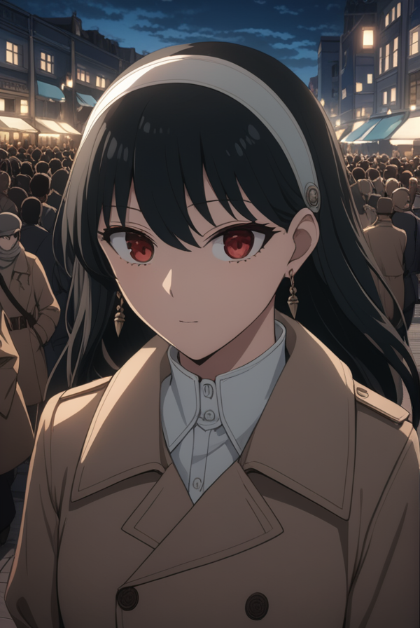 masterpiece, best quality, highres, 4k, 8k, intricate detail, cinematic lighting, amazing quality, amazing shading, soft lighting, Detailed Illustration, anime style,
yorbriar, <lora:yor-briar-s1s2-sdxl-lora-nochekaiser:0.75>,
yor briar, black hair, red eyes, earrings, white hairband, hairband, long hair, sidelocks,
coat, trench coat,
outdoors, cityscape, crowd, people, sky, blue sky, clouds,
looking at viewer, full body, dynamic pose,