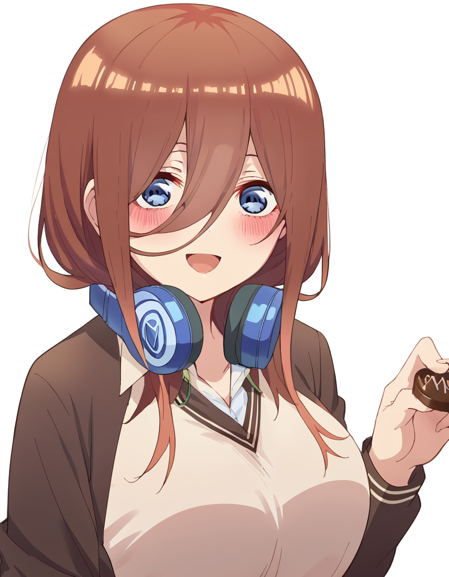 score_9, score_8_up, score_7_up, source_anime, <lora:miku-nakano-s2-ponyxl-lora-nochekaiser:1>, miku nakano, long hair, bangs, blue eyes, brown hair, hair between eyes, headphones, headphones around neck, large breasts,, <lora:incoming-chocolate-ponyxl-lora-nochekaiser:1> incoming food, chocolate, holding, holding chocolate, holding food, food, looking at viewer, open mouth, blush, smile, school uniform,, ,