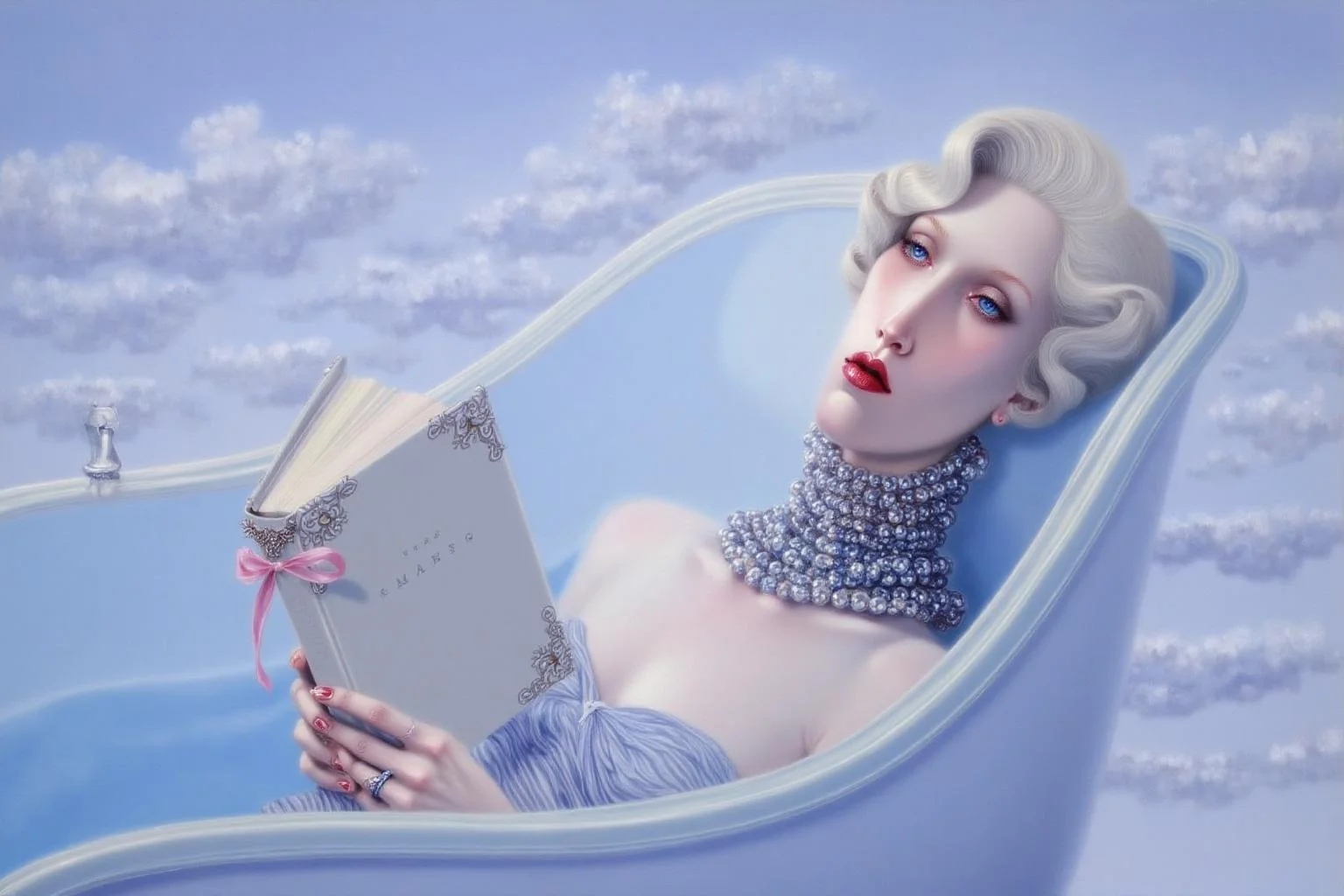 troybrooks1 painting
A woman lies in a bathtub, wearing a large pearl necklace and holding a book with a decorative cover and a pink ribbon. Her short, wavy, permed platinum blonde hair is styled in a classic, elegant manner. The background is a serene, cloudy sky. <lora:troybrooks1_cap_d8a4e10:1.0><lora:854062374229944081:0>