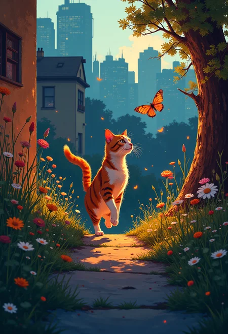 A cat chasing a butterfly through a suburban garden, colorful, vibrant glow, extreme details