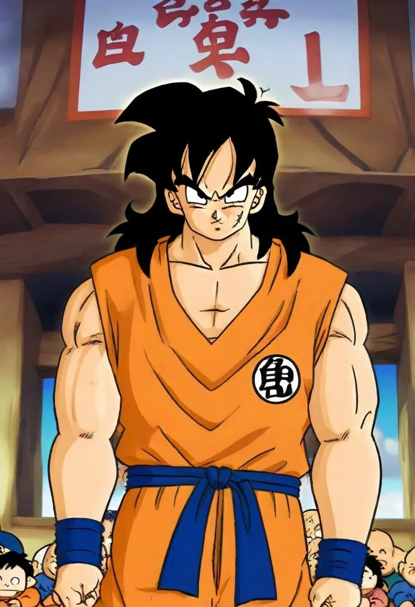 <lora:YamchaXL:.8> Yamcha, black eyes, black hair, spiky hair, long hair, orange gi, blue sash, martial artist, dragon ball z style, scars, big muscles, smug expression
