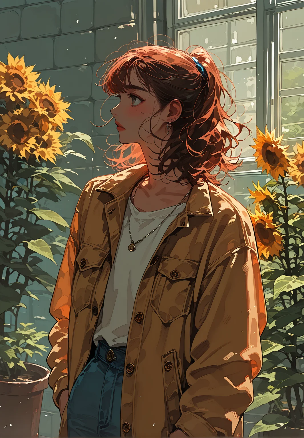 1girl,   brown hair,  medium hair,       brown skin,   
BREAK   1girl, sideways glance,         
BREAK                    street fashion, kpop idol,  flower, leaf, potted plant, sunflower,       
BREAK general, masterpiece, best quality, absurdres, highres, newest, <lora:VICE_v2.0:0.85>