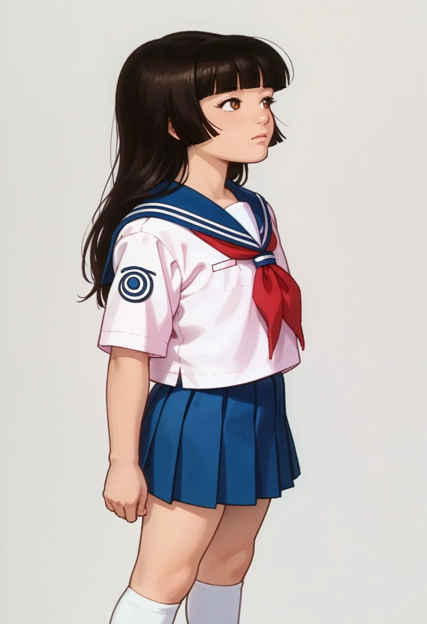 score_8, score_8_up, score_7_up, 1girl, female focus, solo, Atsuko_IG, brown eyes, asian, black hair, long hair, blunt bangs, flat chest, school uniform, sailor collar, serafuku, white shirt, pleated skirt, blue skirt, kneesocks, white socks, oxfords, (from side:0.5), (from above:0.5), 1980s (style)