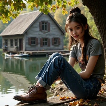 profession photograph still a gorgeous, teenager sitting on a bench on a dock next to a lake, t-shirt and jeans, leather shoe, cute teenager smiles, pony hair, under the shade of a old giant tree, falling autumn leaf. rustic old house, broken windows, broken boats, reflects from the lake water, detail attention to the eye and face, gorgeous.
<lora:fluxenhancer:1> <lora:Gulnazar_Flux_rank16_bf16:1>