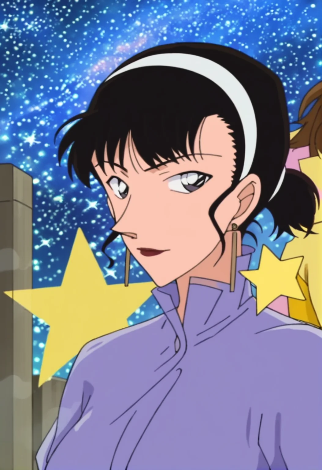 score_6_up,
((1girl,solo,Portrait,front view,milf,)),
Terumi Hoshino,short hair,black hair, earrings, jewelry, star_(symbol), hairband, gloves, lipstick, makeup,white_gloves, purple dress, see-through,
(outdoors,cityscape,blurry background, ),
<lora:PONY_Terumi_Hoshino_Anime_Detective_Conan:1>