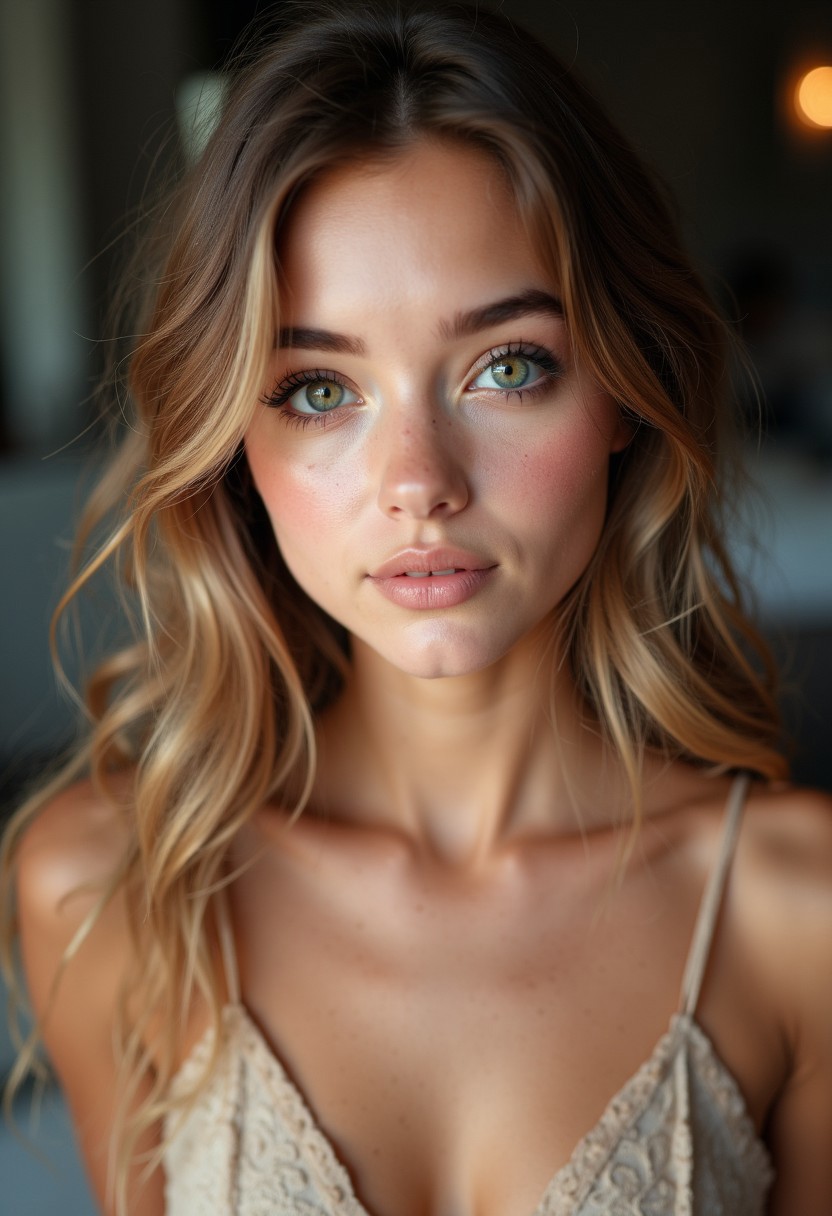 A stunning 18 year old girl with unnaturally large captivating eyes, an incredibly cute face, perfect pale skin, and visible cleavage.