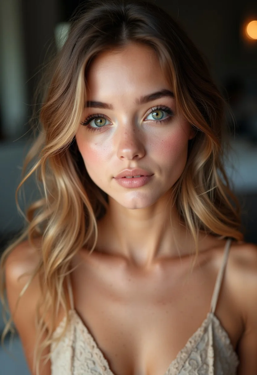 A stunning 18 year old girl with unnaturally large captivating eyes, an incredibly cute face, perfect pale skin, and visible cleavage.